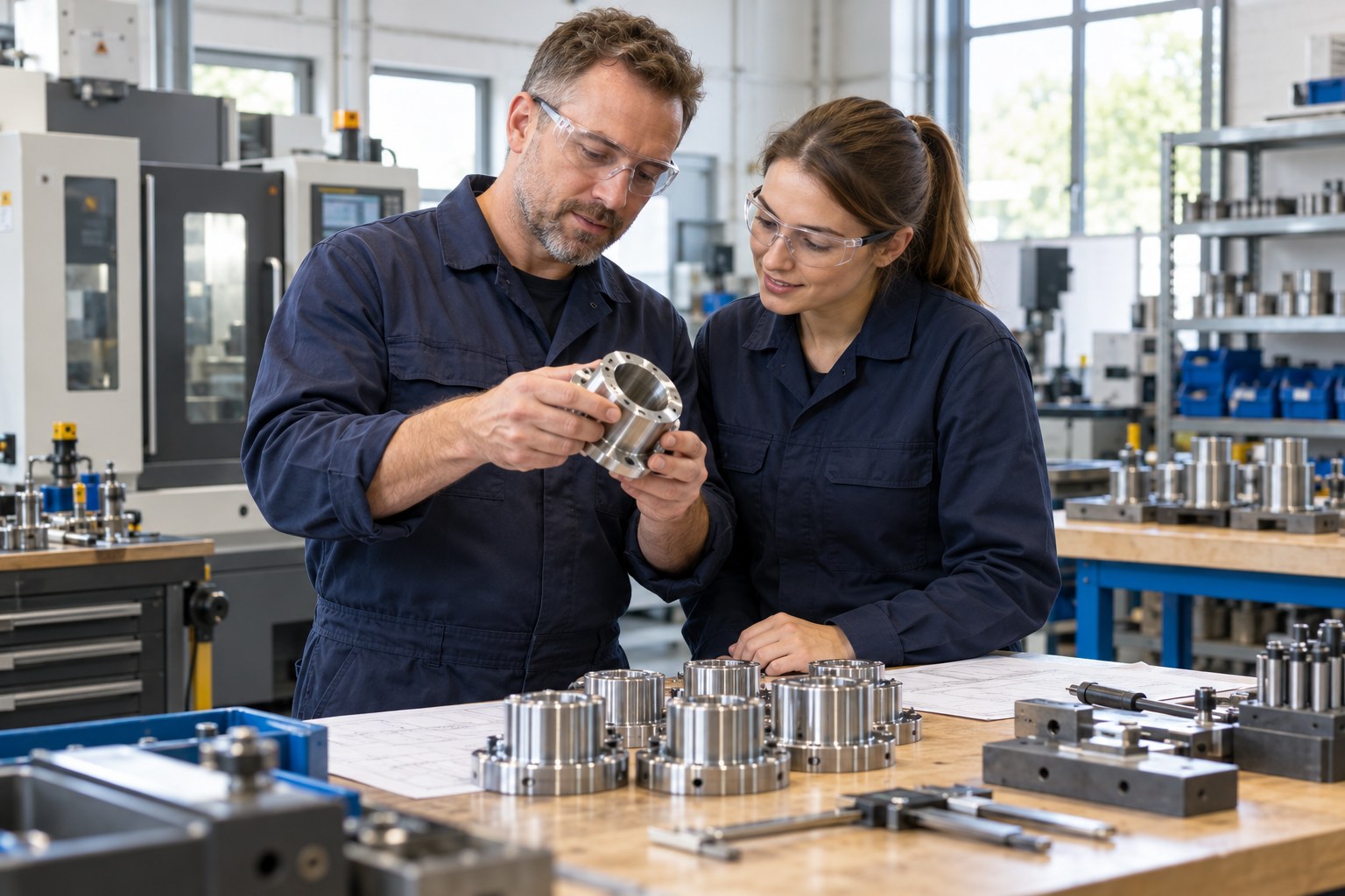 Two manufacturing colleagues inspecting a precision component in a bright, organised workshop